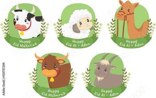 Happy eid al adha mubarak background. Adorable flat design style cartoon vector set of qurban animals for Eid al-Adha – includes cow, buffalo, goat, sheep, and camel. Perfect for Islamic holiday greet