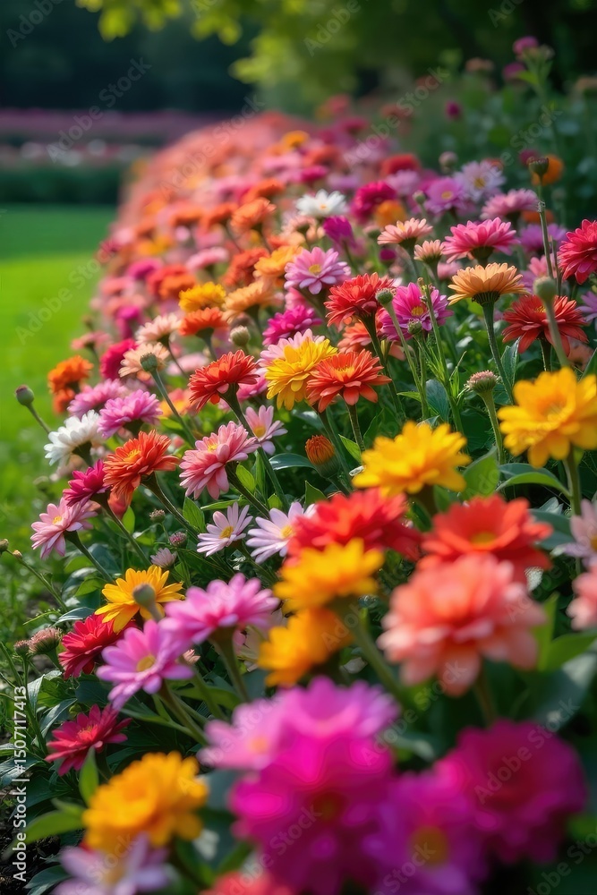 Obraz premium Vibrant, colorful flowers blooming profusely along a garden border, creating a stunning natural edge Perfect for landscaping, gardening, and springtime themes , natural, flower border design