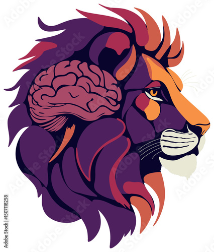 Stylish sticker illustration of a lion in profile, whose mane has a brain embedded in it, symbolizing the combination of strength, intelligence and wisdom.