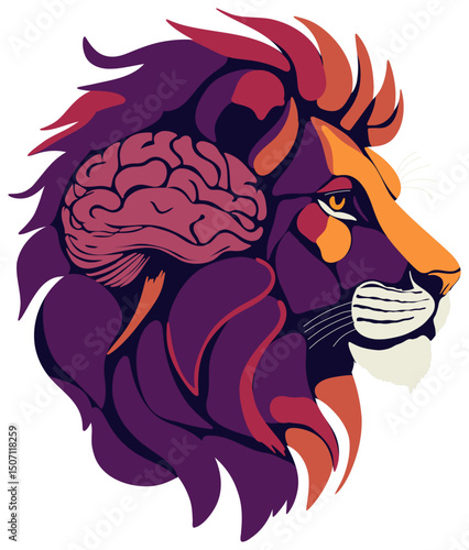 Stylish sticker illustration of a lion in profile, whose mane has a brain embedded in it, symbolizing the combination of strength, intelligence and wisdom.