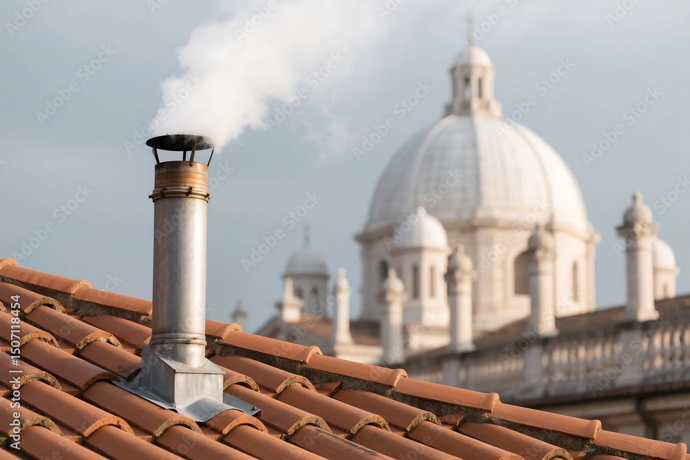 Naklejka premium Smoke billowing from a chimney on a tile roof with historic architecture in the background