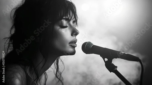 A woman with long hair singing into a microphone