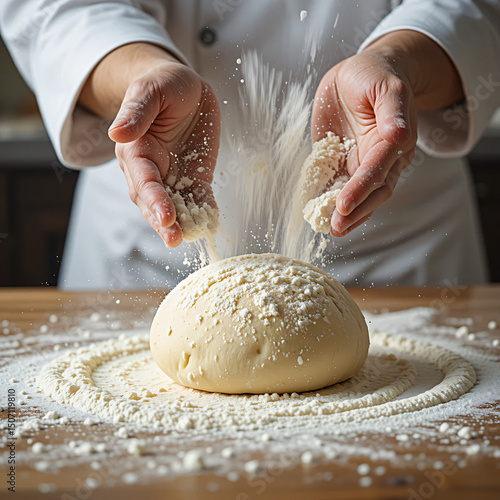 Chef sprinkles flour on dough Preparing to bake homemade bread