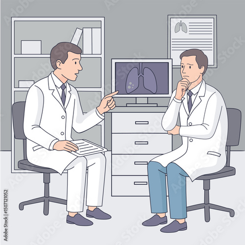 Two doctors discussing lung x-ray results in a medical office. Flat vector illustration for healthcare, diagnosis, clinical consultation, pulmonology, or professional teamwork concepts.