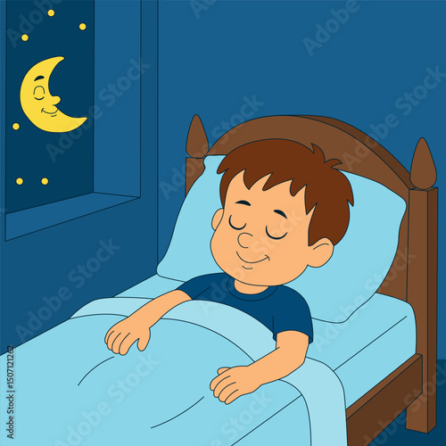 Cute cartoon boy sleeping peacefully in bed at night with the moon smiling through the window. Bedtime illustration for children.