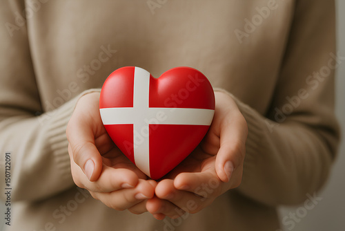 A person holds a heart with the Danish flag design in their hands, symbolizing love and unity.