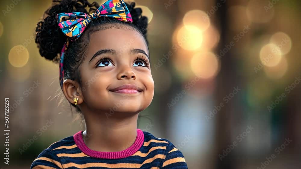 pretty young black African girl wearing colorful bow at outdoor smiling looking around, cheerful kid pretty young black African girl wearing colorful bow at outdoor smiling looking around, cheerful kid