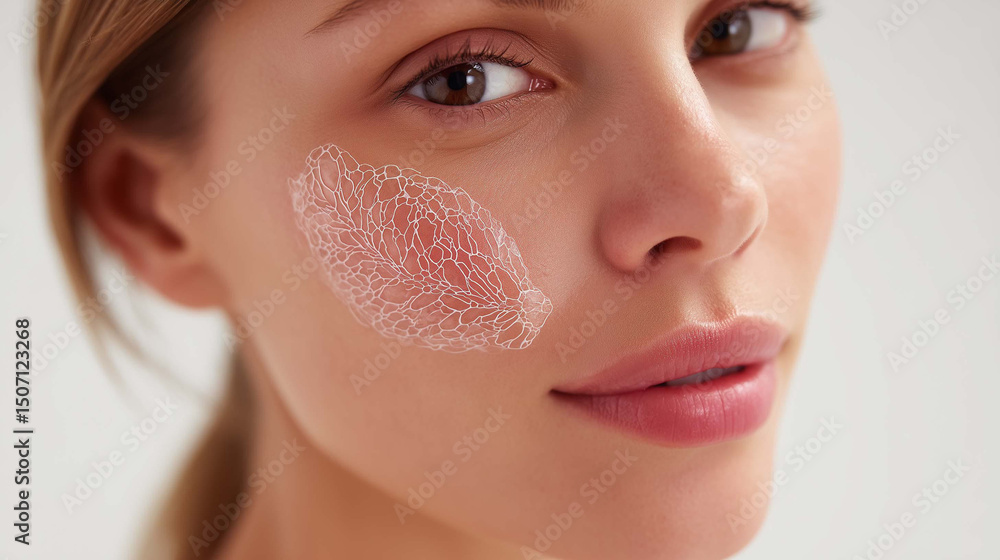 Obraz premium Artificial skin transplant on woman's face, symbolizing innovation in medical regeneration, healing technologies, skin graft development, and advanced dermatological treatments.