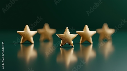 Five Golden Stars Arranged in a Line on a Deep Green Background Representing a High Rating and Quality Assessment Generative AI