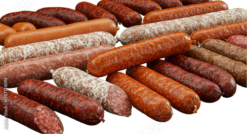 Isolated Close Up Photo of Pile of Delicious Sausages and Cold Cuts