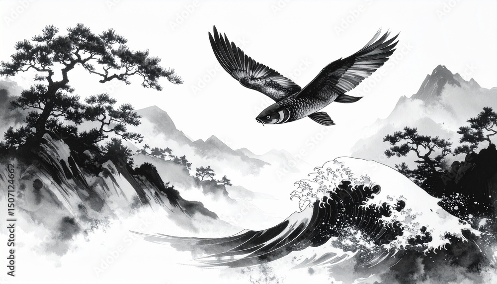 Fototapeta premium 墨絵で描かれた飛び魚の空中滑走の瞬間