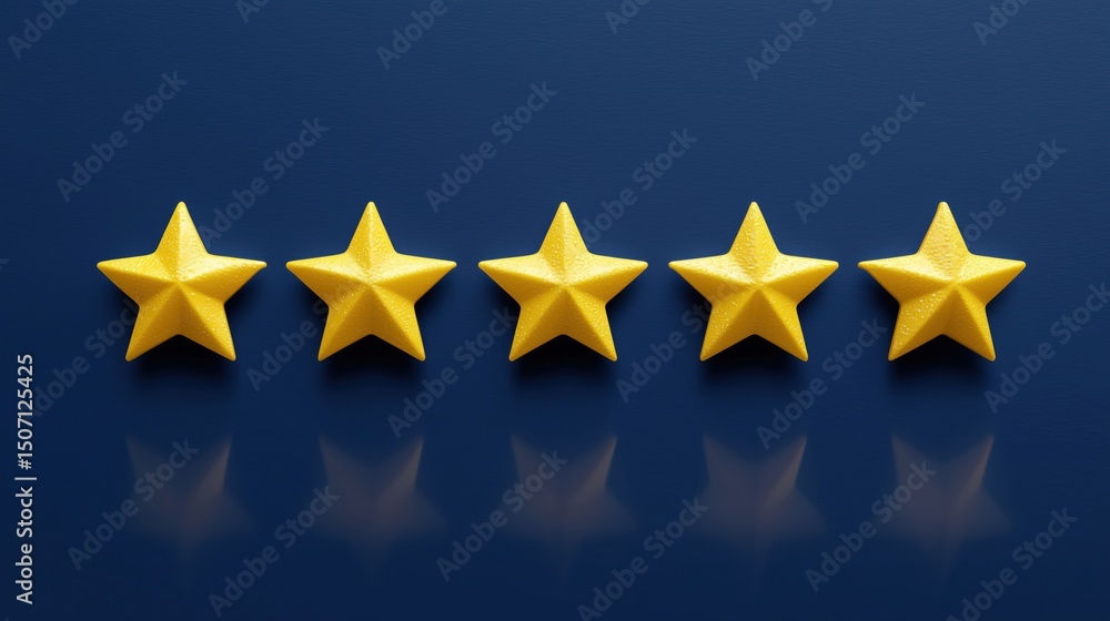 Fototapeta premium Five Golden Yellow Stars Arranged in a Row on a Deep Blue Background Representing a Perfect Rating Generative AI