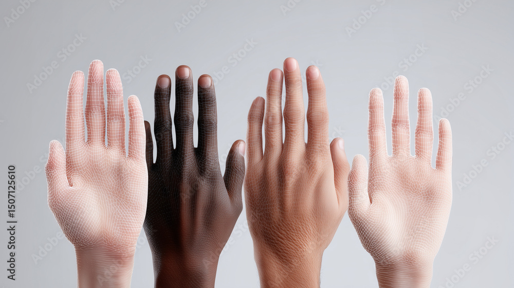 Multiple human hands in different skin tones, overlaid with mesh grid, symbolizing artificial skin, transplantation technology, wound healing, and personalized medical treatment innovation. Multiple human hands in different skin tones, overlaid with mesh grid, symbolizing artificial skin, transplantation technology, wound healing, and personalized medical treatment innovation.