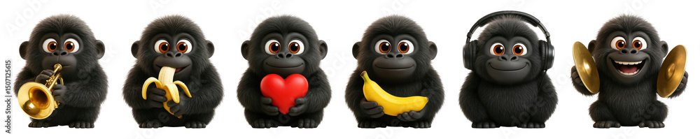 Obraz premium PNG Cute monkeys with various objects, element set on transparent background