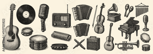 A harmonious assembly of musical instruments creates a symphony of artful vintage style design