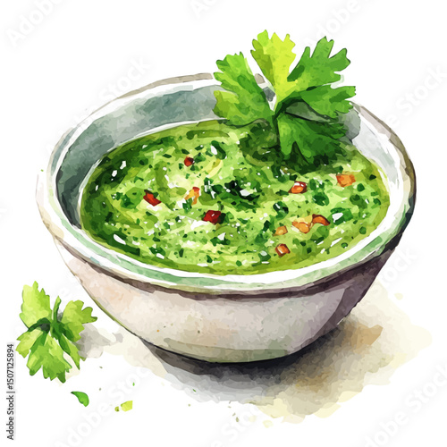 My Watercolor illustration, illustration chimichurri sauce in bowl with parsley painting isolated on a white background, illustration, AI painting design, vector illustration set, eps format