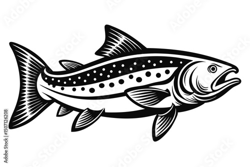 Black and White Illustration of a Spotted Trout Fish with Open Mouth