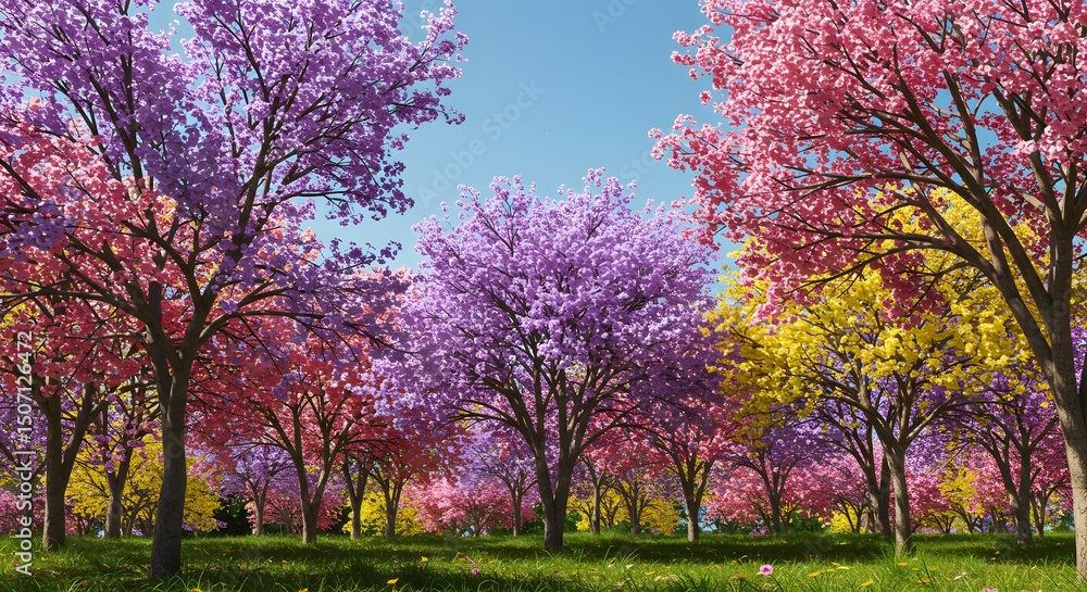 Naklejka premium Colorful spring landscape with flowering trees, trees with colorful leaves, clear blue sky, nature