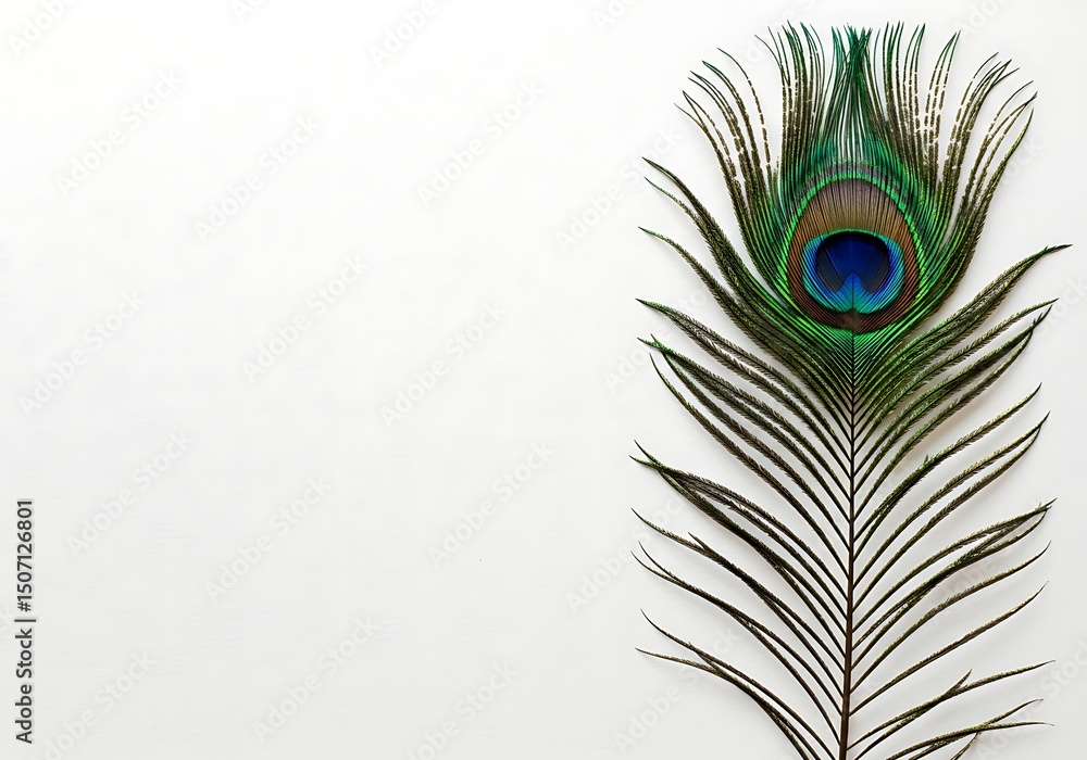 Fototapeta premium A single peacock feather displays vibrant colors against a white background