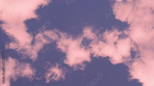 Beautiful Sunset Lilac Blue Sky and Fluffy Pink Clouds in Sunlight Time Lapse. Air Plane Window Aerial View Atmosphere, Drone Shooting, Background. Pink Cloud, Colorful Sky Firmament, Beauty, Relax.