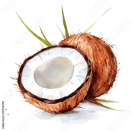 My Watercolor illustration, illustration coconut painting isolated on a white background, illustration, AI painting design, vector illustration set, eps format