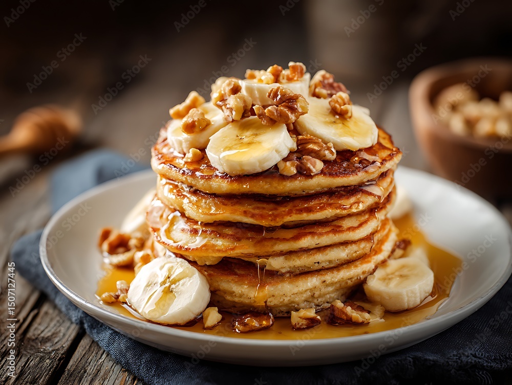 Delicious Pancakes with Bananas, Walnuts, and Syrup Delicious Pancakes with Bananas, Walnuts, and Syrup