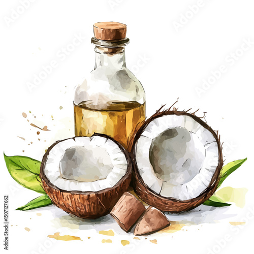 My Watercolor illustration, illustration, coconut oil painting isolated on a white background, illustration, AI painting design, vector illustration set, eps format