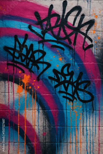 Vibrant pink & blue spray-painted arches with black graffiti tags on a textured brick wall. Dripping paint. Urban street art, expressive & raw.