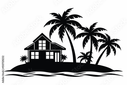 Island Home Silhouette with Palm Trees in Tropical Paradise Graphic Design