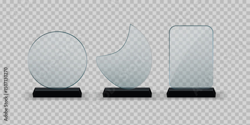 Trophy of glass award. Plexi glass award. Plate of acrylic trophy. Stand of crystal for prize of winner. Mockup of realistic of plexiglass for cup of champion. Acrilic badge for win. Vector.