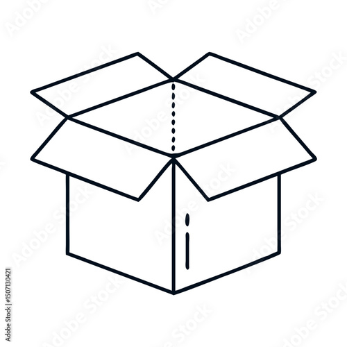 Open cardboard box illustration. Simple empty package icon with open flaps and dashed lines.  Cardboard box design perfect for shipping, delivery, and packaging graphics.