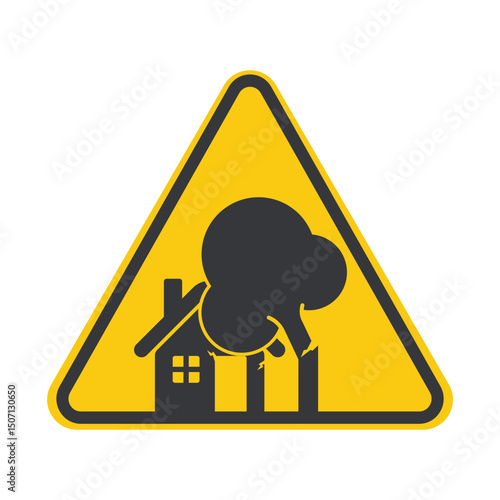 Isolated sign tree falling on house, representing storm aftermath, natural disaster damage, and safety awareness icon.