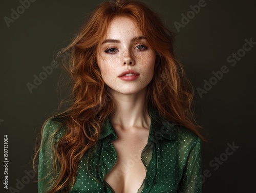 A woman with long red hair ...