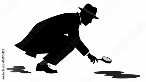 Classic Detective Pose A silhouetted figure of a detective wearing a fedora and a trench coat kneeling down with a magnifying glass inspecting a footprint on the ground.