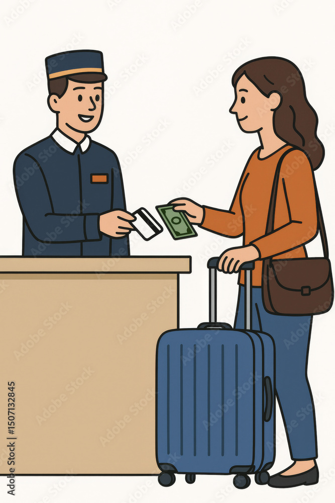 Fototapeta premium Hotel check-in scene. Reception desk guest paying cash money to concierge staff in uniform. Suitcase luggage travel tourism hospitality service customer business transaction