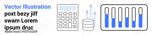 Calculator, database with upward arrows, bar chart with progress. Ideal for finance, analytics, technology, growth, data management, business solutions simple landing page