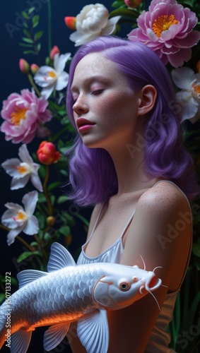 Dreamy portrait of purple-haired girl embracing white koi, floral surreal background