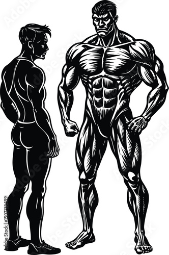 A young man standing face-to-face with a massively muscular bodybuilder symbolizes transformation, strength, and fitness aspirations. Vector illustration in PNG format. Black and white artwork.