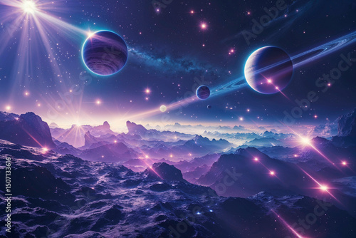 Surreal cosmic landscape with floating planets and vibrant galaxies
