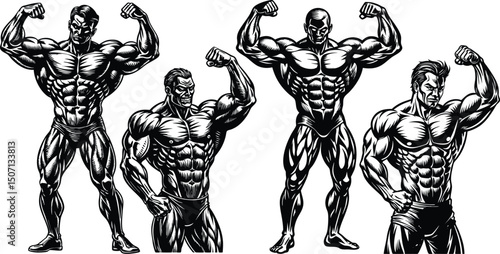 Set of Muscular bodybuilders in a commanding pose, representing power, fitness, bodybuilding, and peak athletic form. Created generative AI in vector style. Monochrome black and white Shillotte PNG