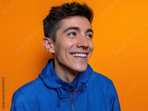 Smiling person with short d...