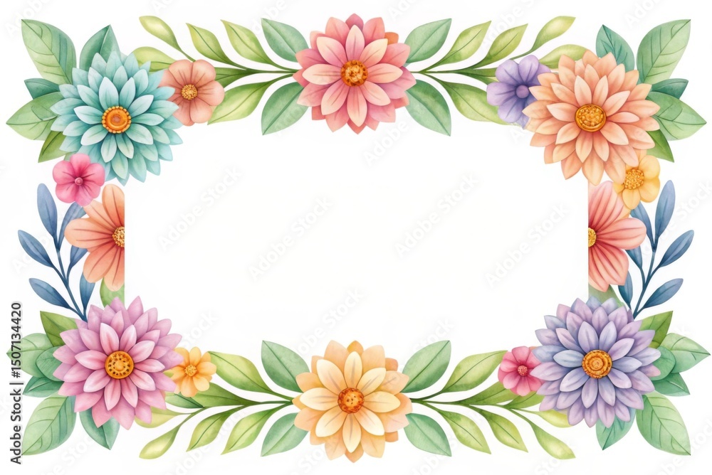 Fototapeta premium Botanical watercolor frame with assorted floral elements Floral border illustration with pastel flowers and leaves.