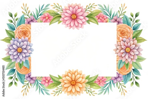 Botanical watercolor frame with assorted floral elements Floral watercolor border design with a blank center for custom text or use.
