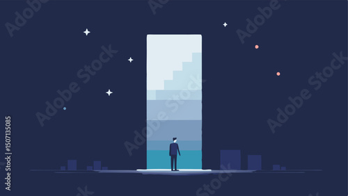Digital Gateway A tall rectangular portal emitting a bright white glow with sparkling particles. A shopper depicted in a pixelated style is halfway through gazing at enticing