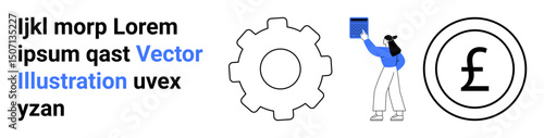 Gear symbol, currency icon, and person with book communicating work dynamics, financial systems, education, earning potential, monetary growth, process management. Ideal for business finance themes
