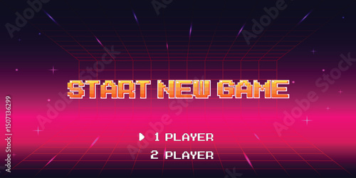 START NEW GAME. pixel art .8 bit game. retro game. for game assets .Retro Futurism Sci-Fi Background. glowing neon grid. and stars from vintage arcade computer games