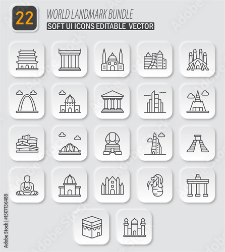 Collection of minimal outline icons representing world landmarks for diverse cultural themes and travel designs