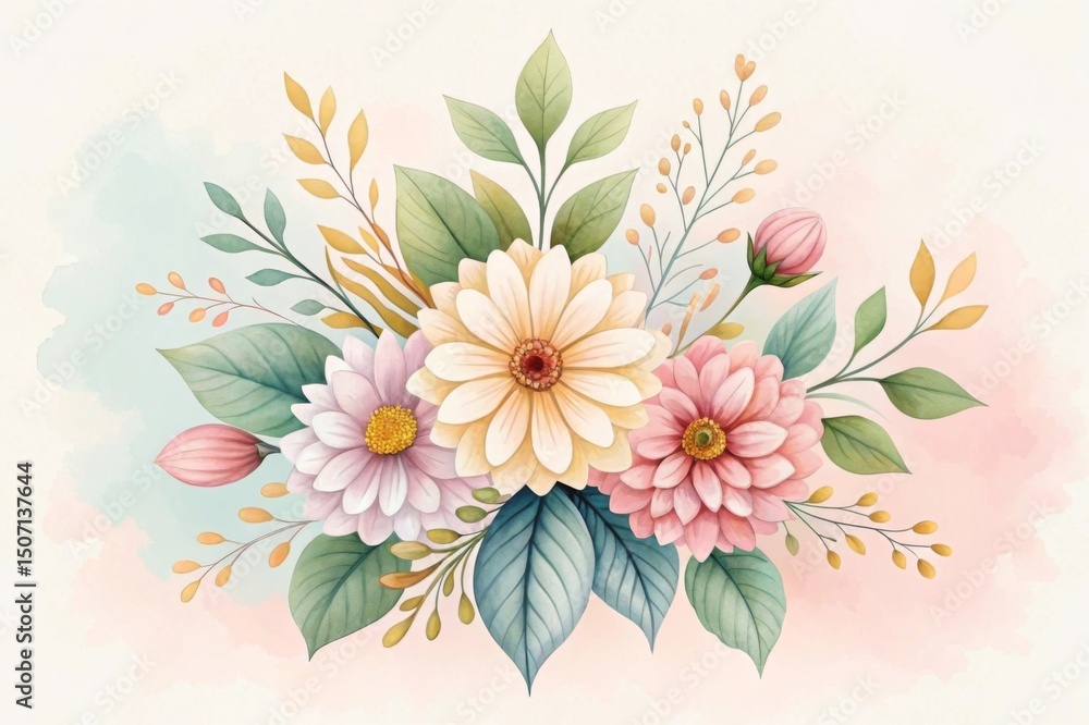 Fototapeta premium Delicate watercolor floral arrangement with wildflowers and leaves Floral arrangement with pastel colors, featuring daisies, zinnias, and green leaves.
