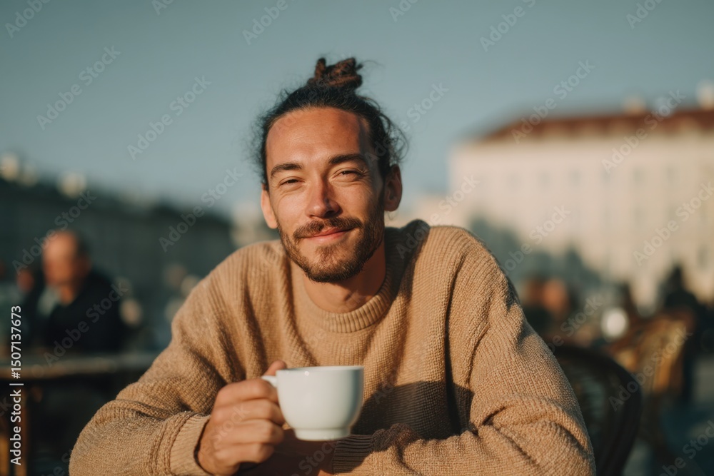 Man With Facial Scarring Enjoying a Warm Beverage Outdoors While Smiling in a Cozy Setting During a Sunny Day Man With Facial Scarring Enjoying a Warm Beverage Outdoors While Smiling in a Cozy Setting During a Sunny Day