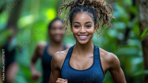 Smiling Young Black Woman With Curly Hair Jogging In Lush Green Environment